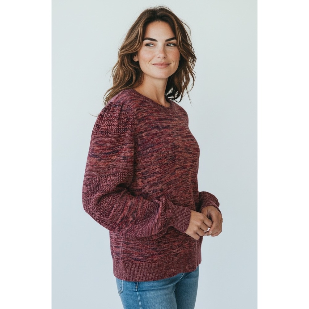 Reitmans Space‎ Dye Puff Sleeve Large Cotton Knit Sweater Burgundy Marled